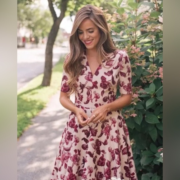 Gal Meets Glam Edith Cream Pink Floral Midi Fit & Flare Dress - Picture 3 of 7